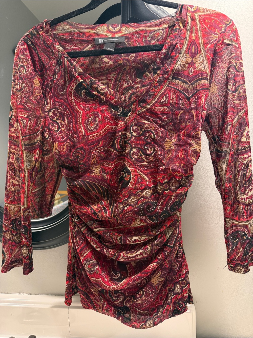 INC International Concepts Burgundy Paisley V-Neck Ruched Women's Top